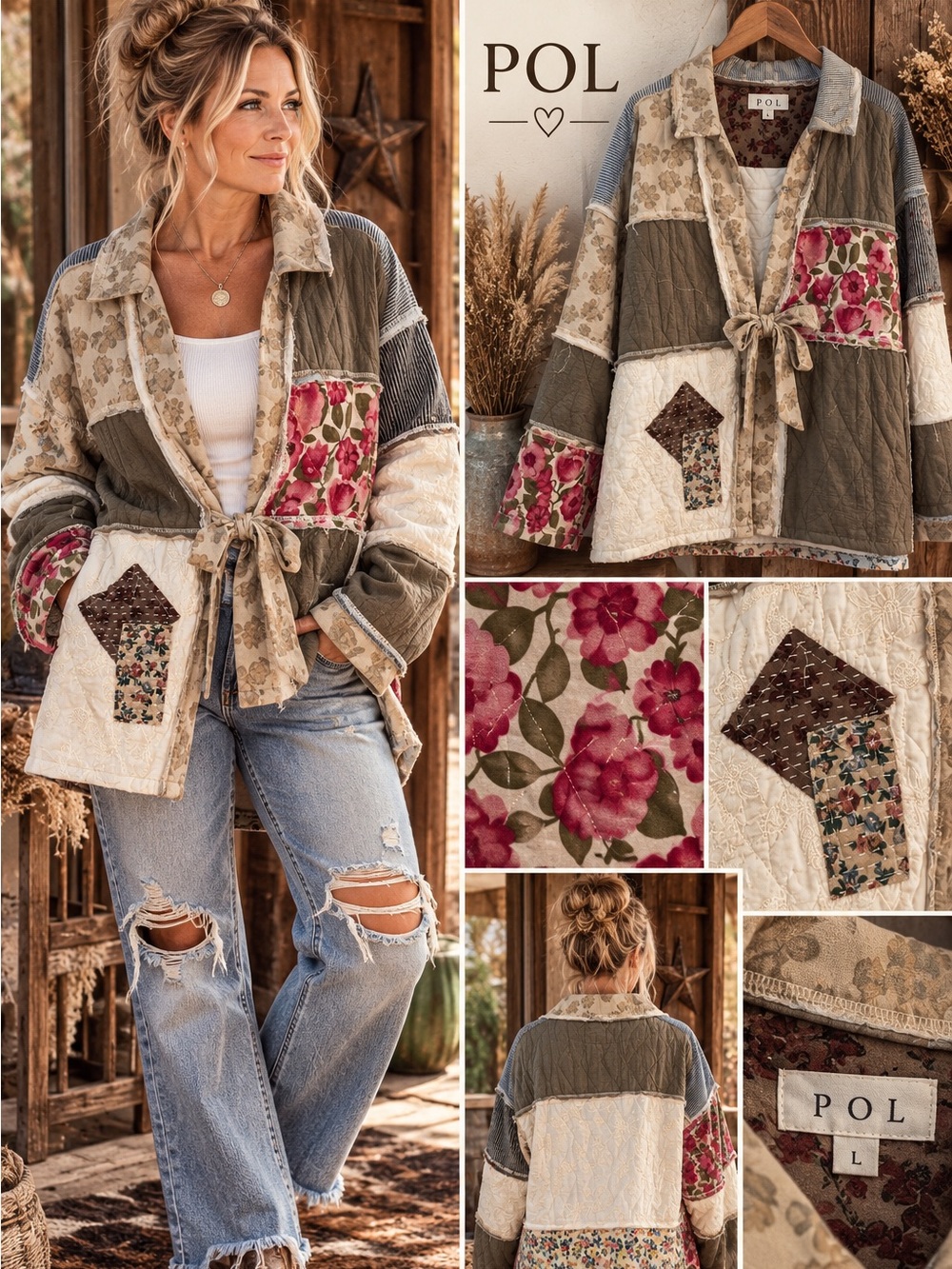 POL NWOT Patchwork Tie-Waist Utility Jacket - Olive, Cream & Pink Floral